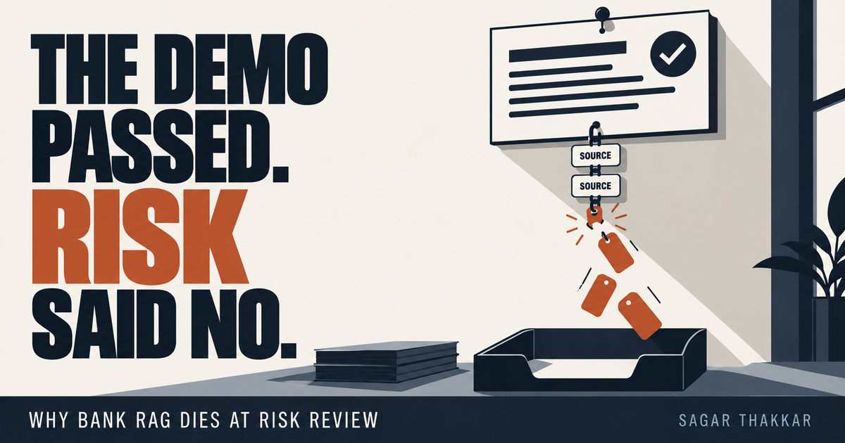 Poster reading THE DEMO PASSED, RISK SAID NO: an answer card whose chain of source citations has been cut, blank tags falling into an empty document tray
