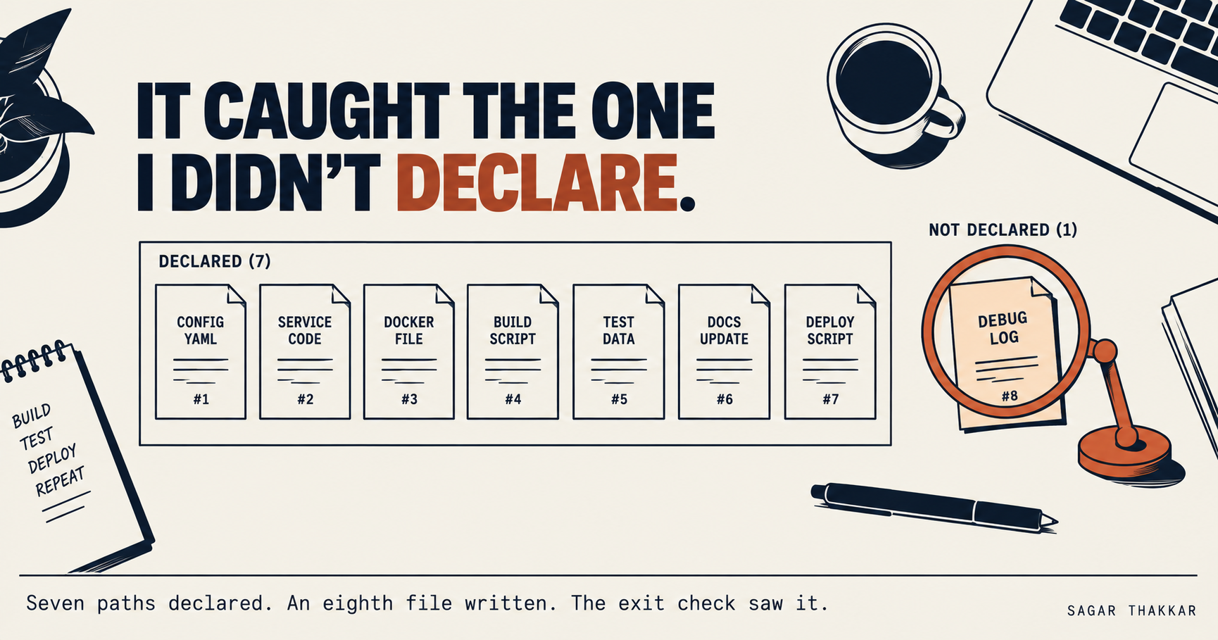 Poster headline: It caught the one I did not declare. Seven labeled file cards sit in a declared row numbered one through seven, an eighth card, debug log, sits apart under a magnifying glass beside a stamp. Caption: seven paths declared, an eighth file written, the exit check saw it.